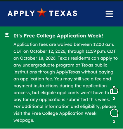 A green and blue screen displays a college application announcement with a star icon. It reads "It's Free College Application Week!"