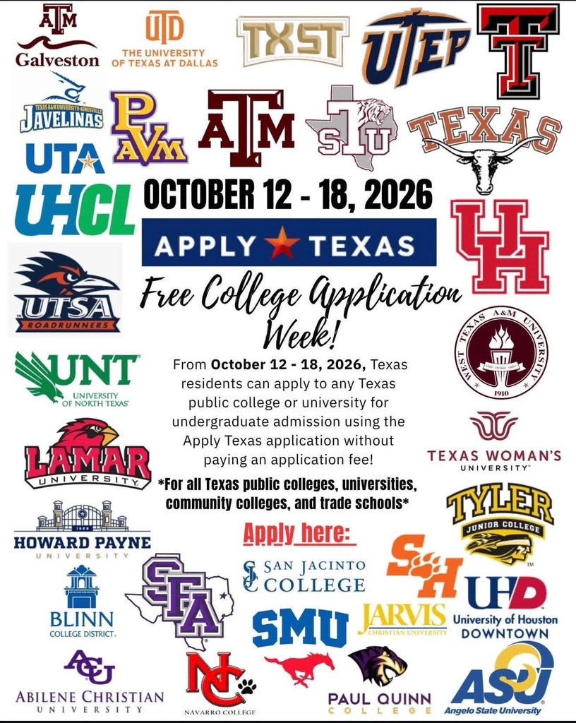 A poster advertising a free college application week from October 12 to 18, 2026. Logos for various Texas universities are displayed.