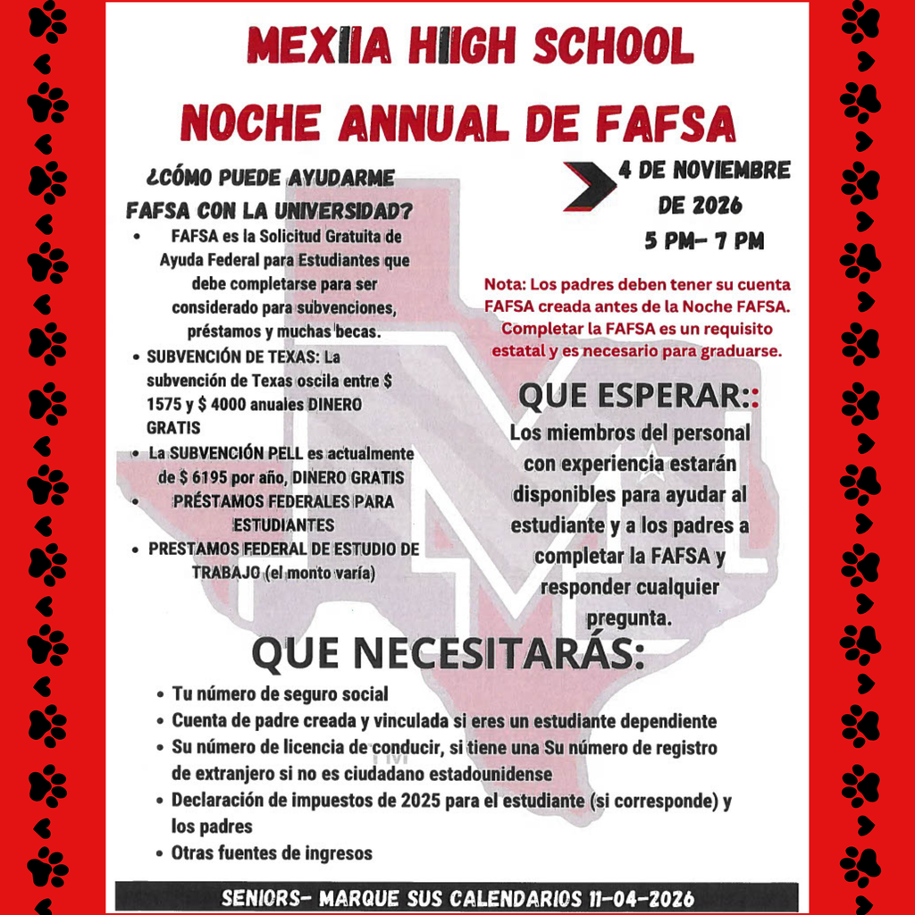An advertisement for Mexia High School's Annual FAFSA Night. It features a red and black design with text in both English and Spanish.