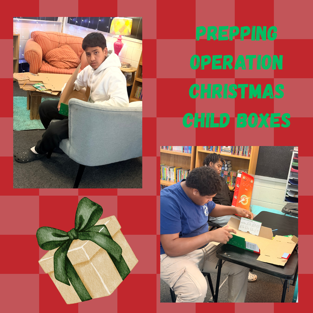 Collage of two photos. Boy sits on chair, another boy sits at desk wrapping gift. Red and white checked background.