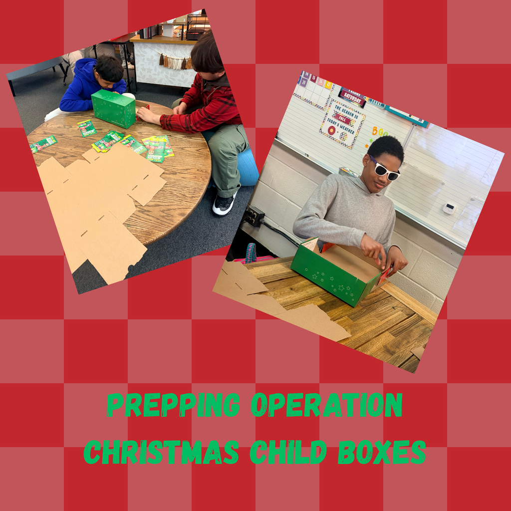 Two images of students in a classroom. One student opens a green box while another student sits at a table with a green box.