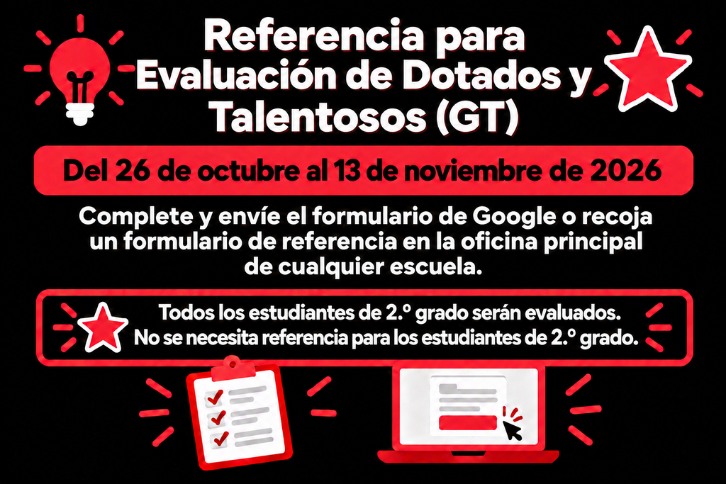A poster advertises an evaluation for gifted and talented students. A light bulb, stars, and a checklist icon are present.