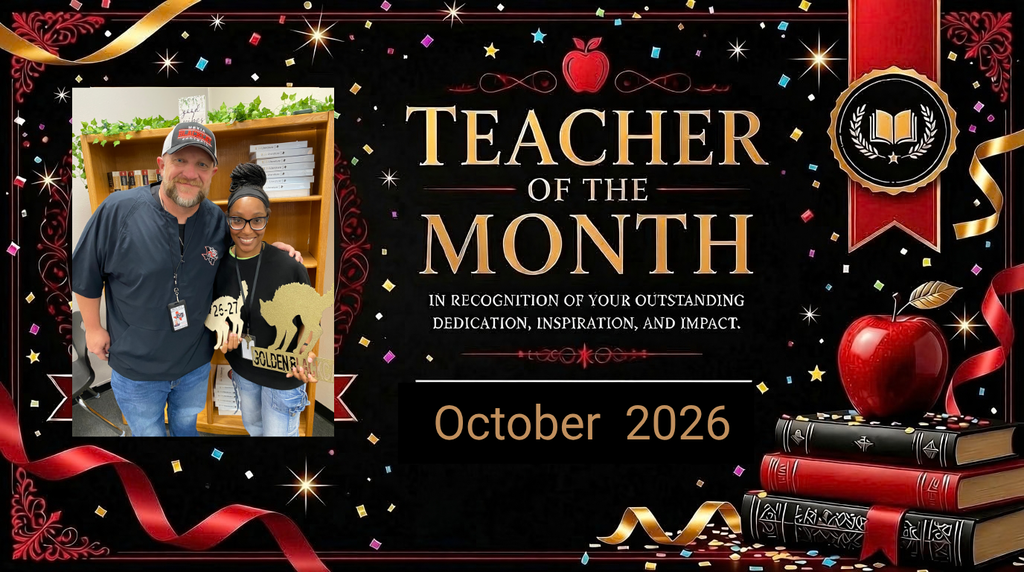 A certificate with "Teacher of the Month" text for October 2026. Two people stand with a trophy. An apple, ribbon, and books are on the right.