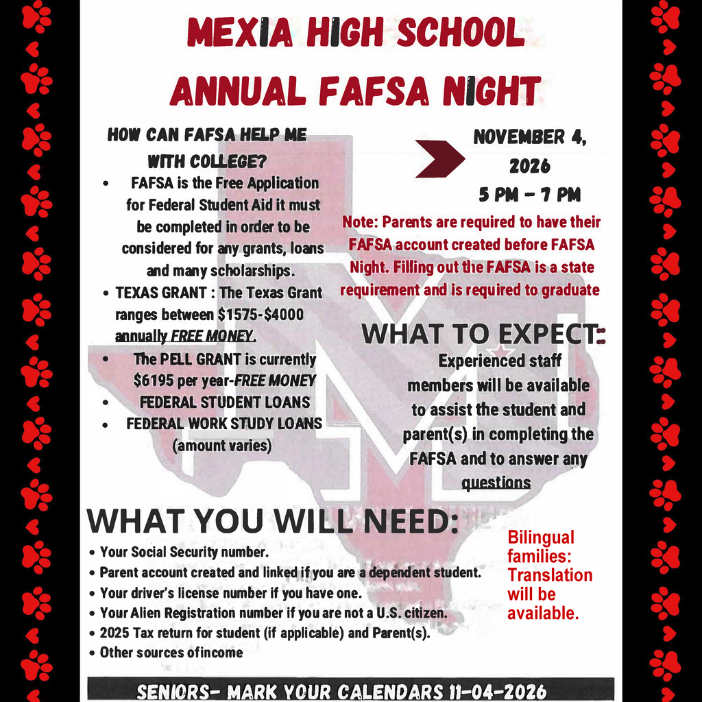 Flyer with red and black border, title "Mexia High School Annual FAFSA Night" with date, and two columns of information about FAFSA.