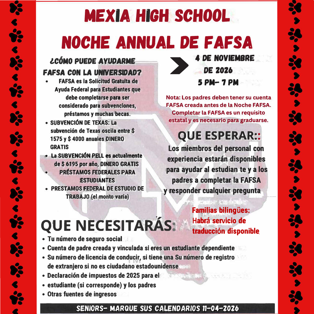 Red poster with white and black text and a black paw print border reading "Mexia High School Noche Annual de FAFSA"