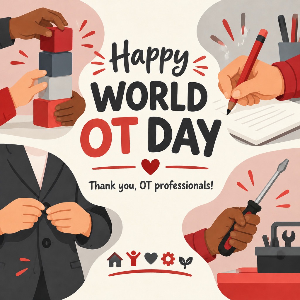 Hands holding tools and writing, red blocks, and a wrench. Text reads "Happy World OT Day, Thank you, OT professionals".