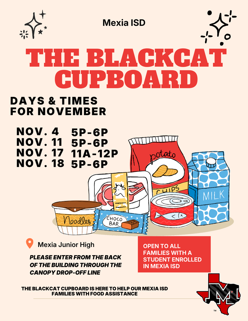 Poster with text and images. Text reads "The Blackcat Cupboard" and "Days & Times for November". Graphics include chips, milk, noodles, and a chocolate bar.