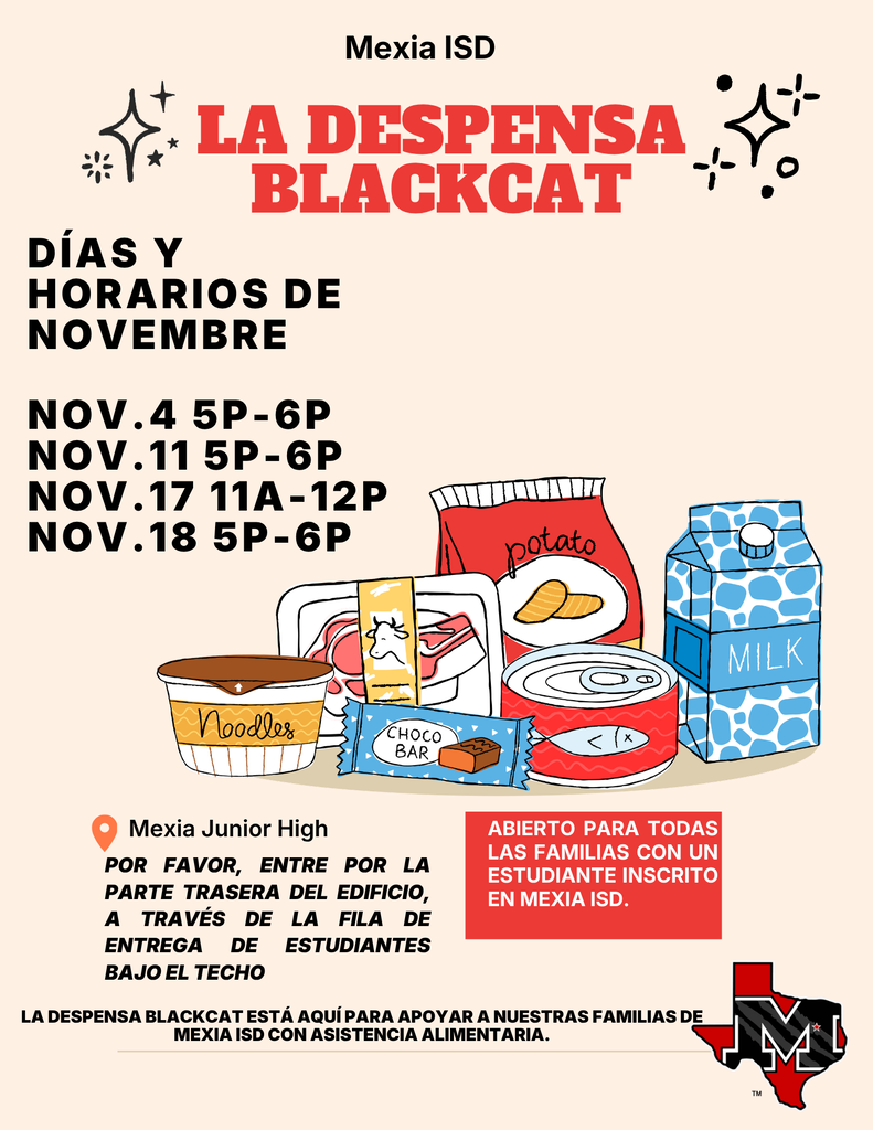 Advertisement for food pantry. Text reads "La despensa blackcat". Dates and times are listed. Icons of noodles, potato, milk, etc.