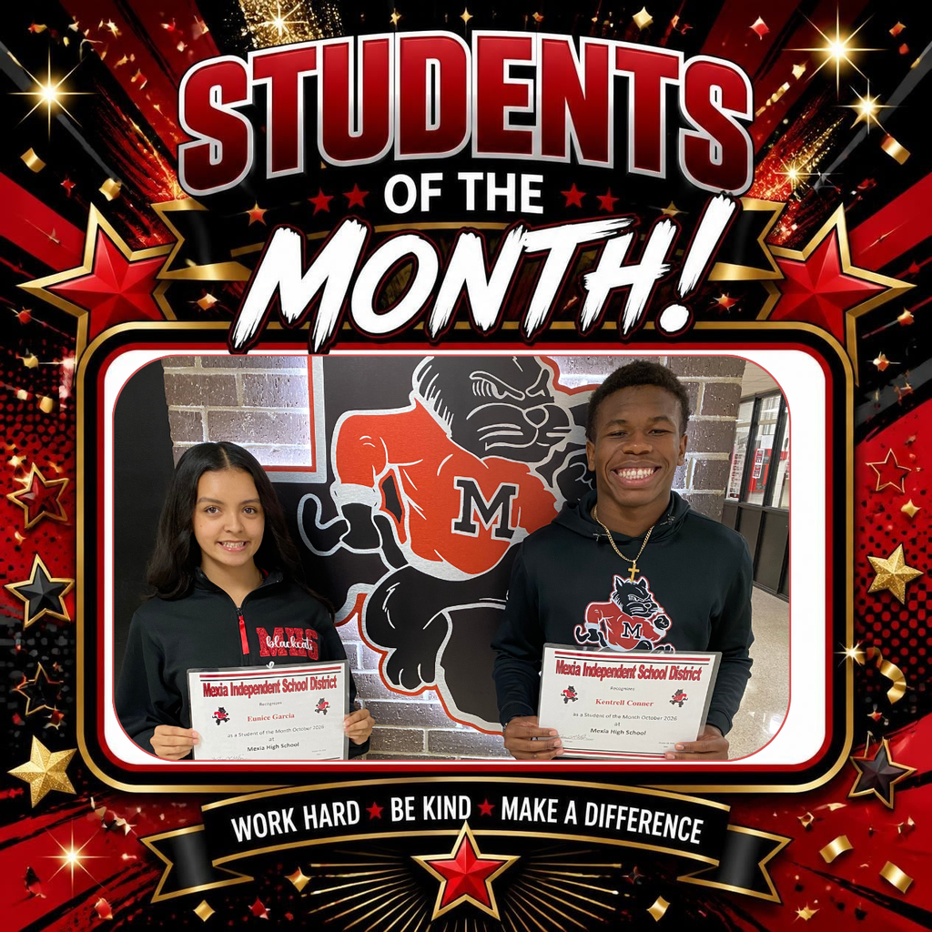 Two students hold awards and smile in front of a red backdrop with stars and a school mascot.