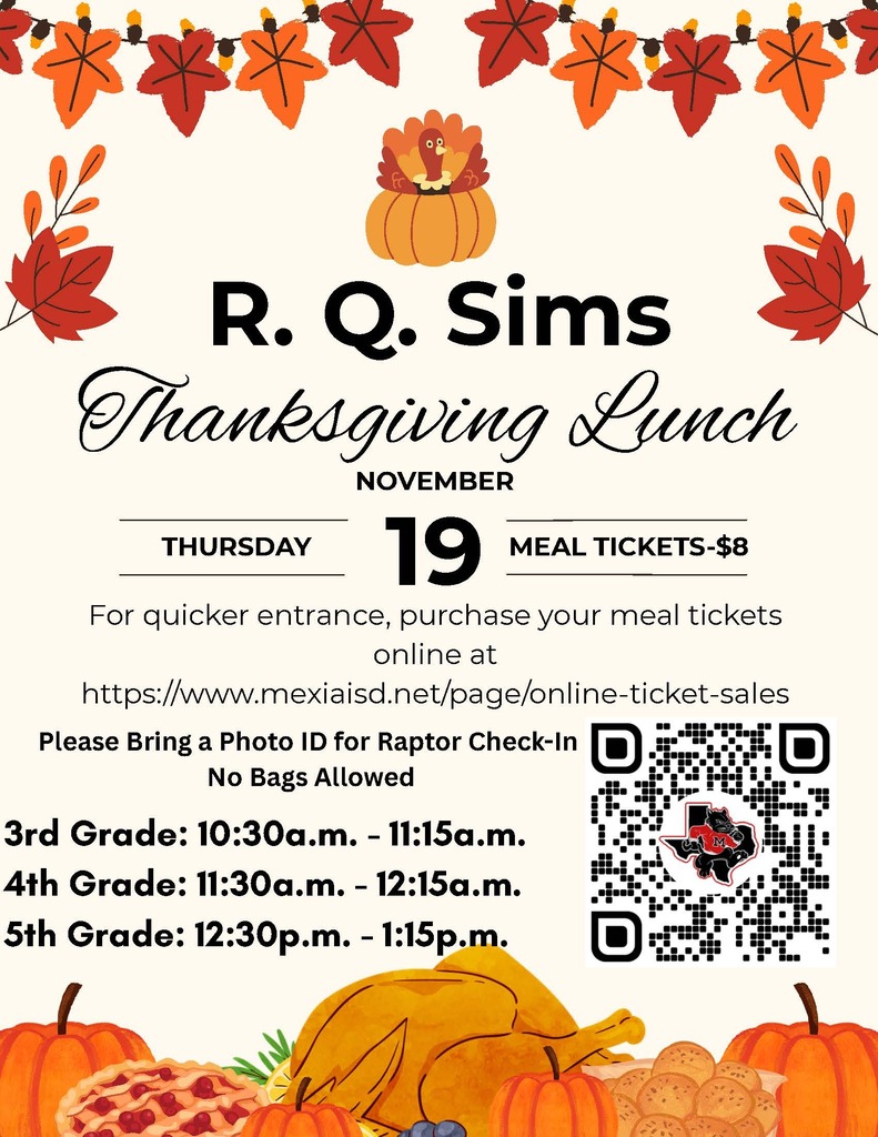 Poster with a Thanksgiving theme and text reading "R. Q. Sims Thanksgiving Lunch November 19" and "Meal Tickets $8".