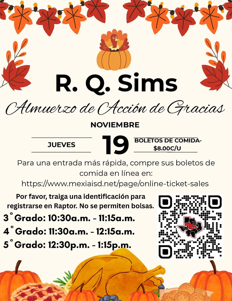 Flyer with text and images of pumpkins, pie, turkey, and leaves. QR code bottom right.