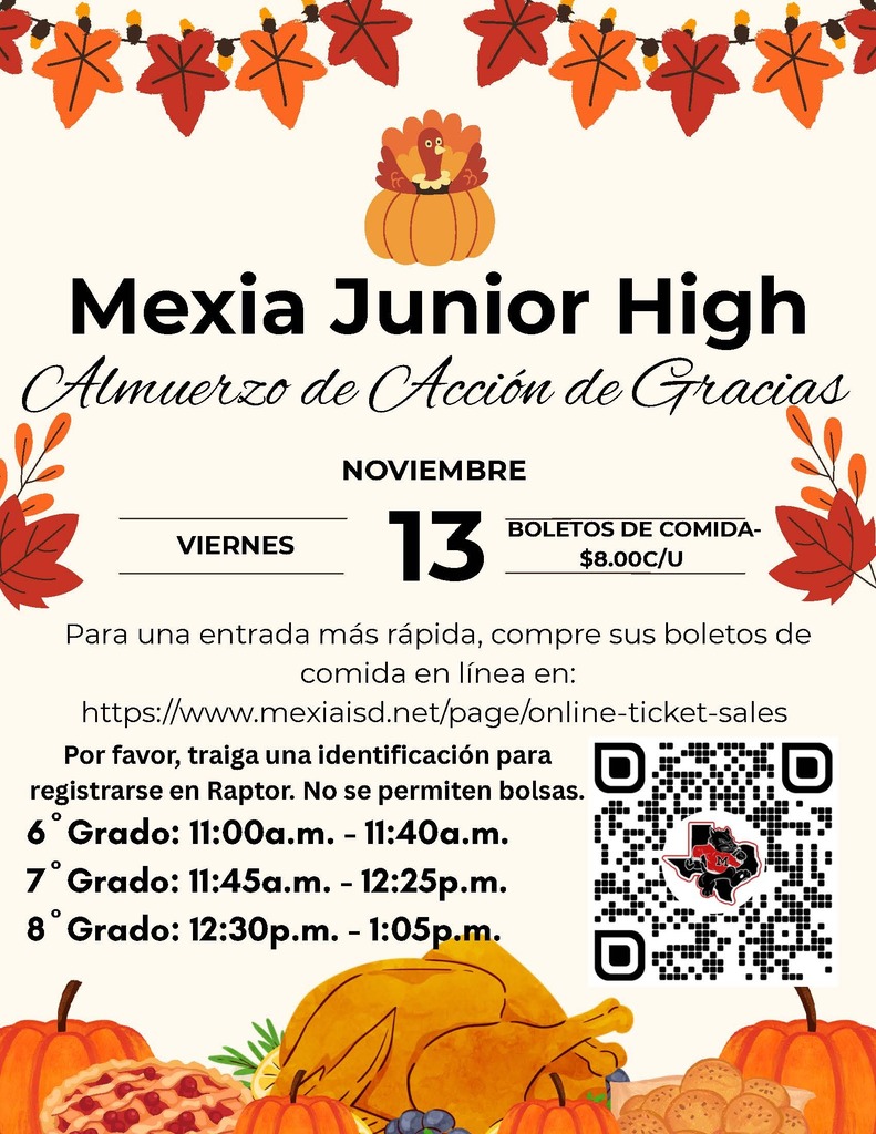 An event flyer for Mexia Junior High. A title, date, and time schedule are present, along with QR codes and autumn leaves and pumpkins.
