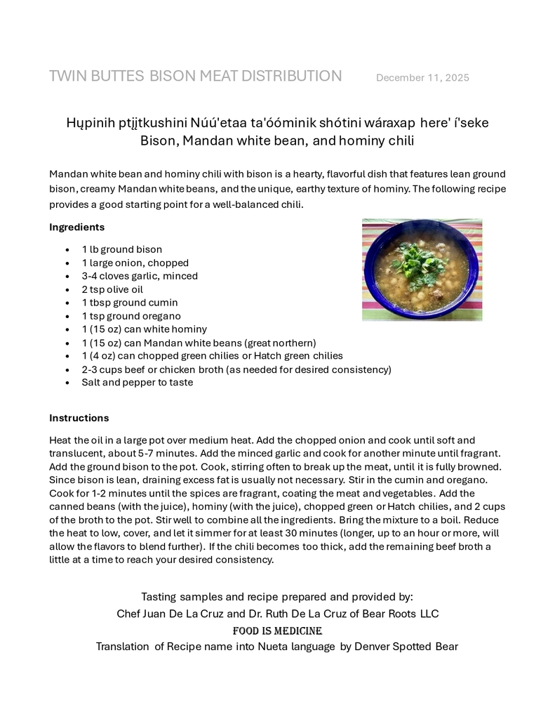 Bison, Mandan White Bean & Hominy Chili Recipe