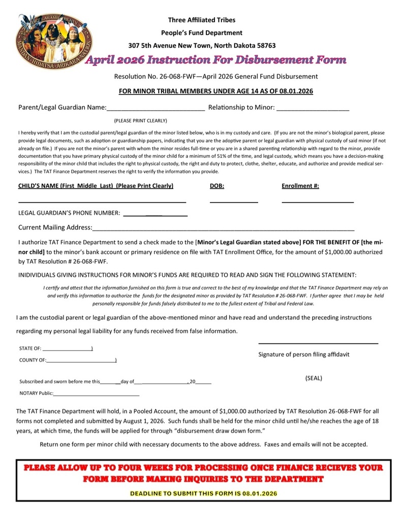 April 2026 minor disbursement forms available 