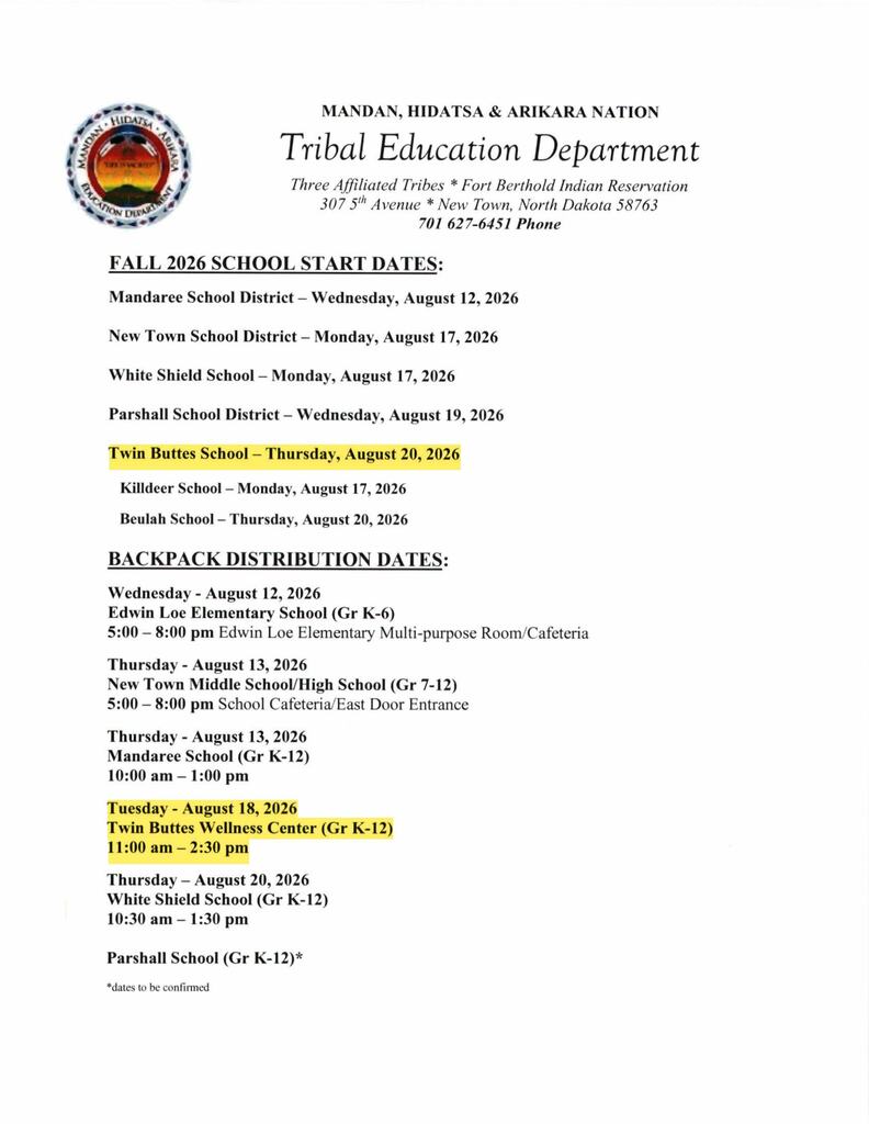Education Department Backpack Give away - Twin Buttes - 8/18/26
