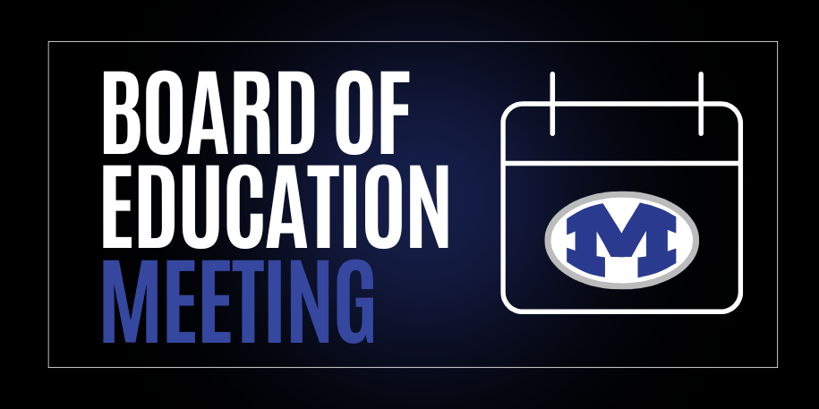 Black background with Board of Education Meeting words and Miamisburg M logo