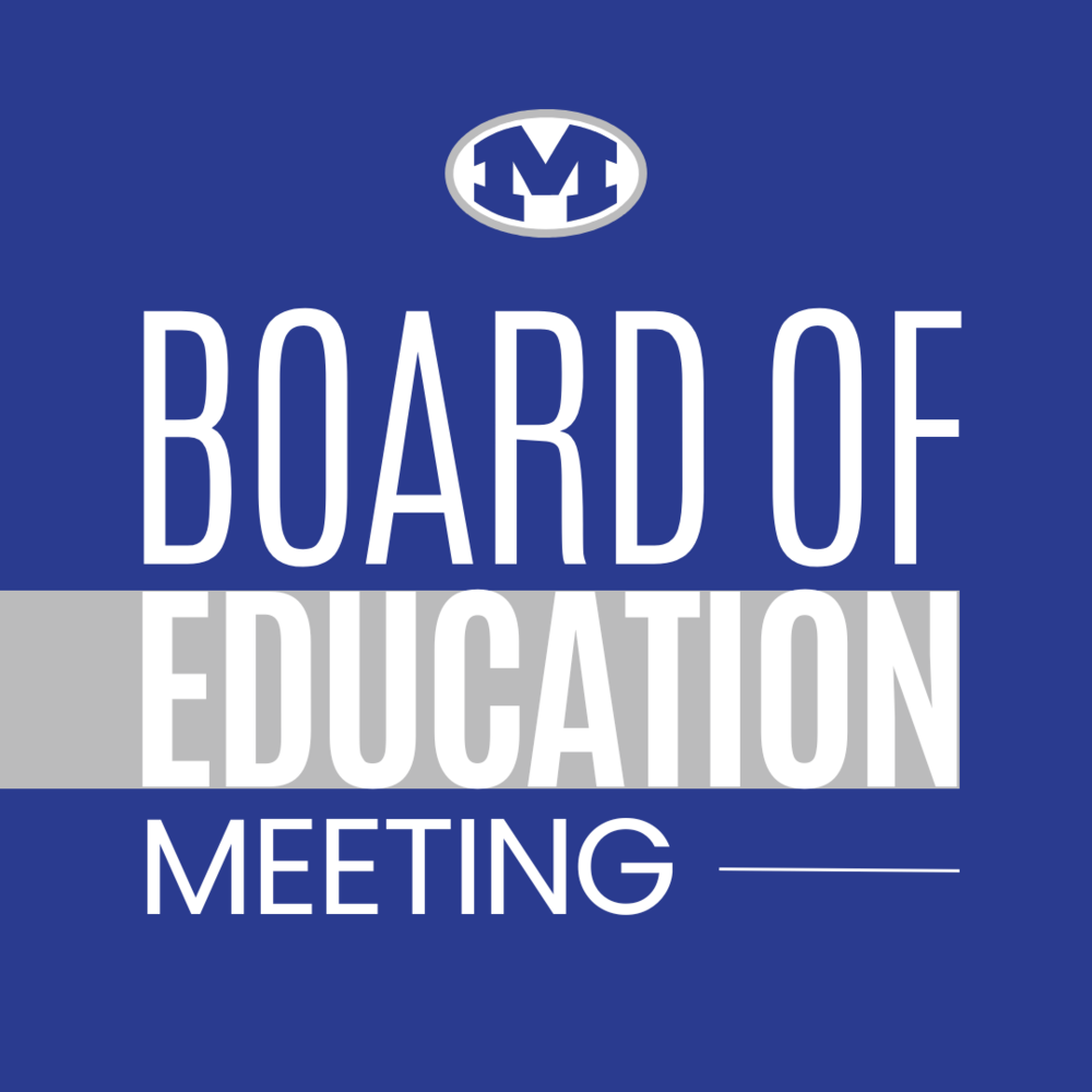 board of education meeting on blue background with miamisburg M logo