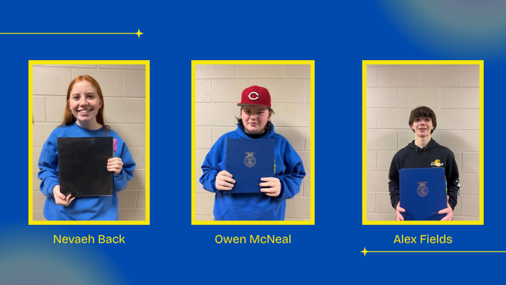 Nevaeh Back, Owen McNeal & Alex Fields are pictured after earning gold on their FFA officer's books - blue background and yellow frames