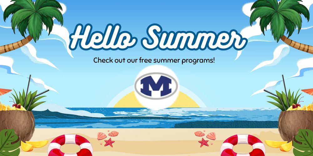 hello summer - check out our free summer programs on a beach background
