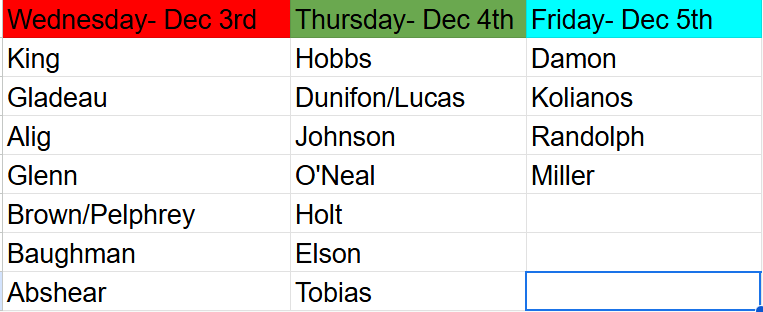 Holiday Shop Schedule