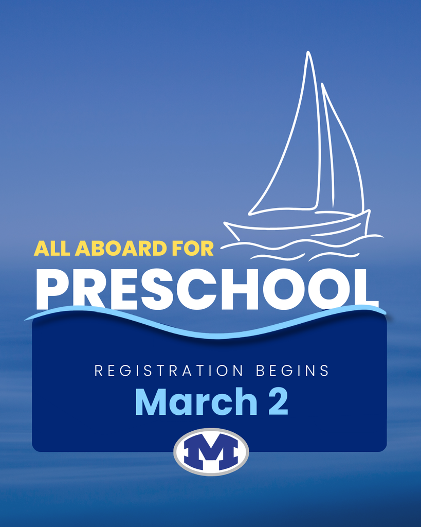 Advertisement for preschool registration. A sailboat icon and waves on a blue background. Text reads "All Aboard for Preschool. Registration Begins March 2."