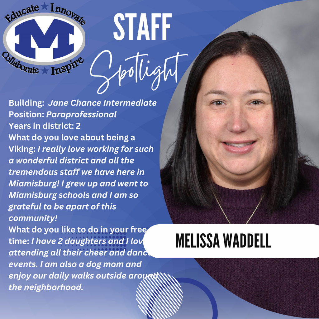 A smiling woman with long black hair in a staff spotlight. Background text reads: "Melissa Waddell, Paraprofessional Intermediate."