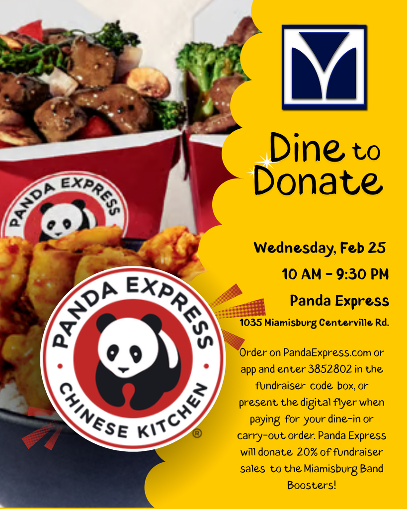 An event flyer shows a bowl of Panda Express food with logo, text, and donation details.