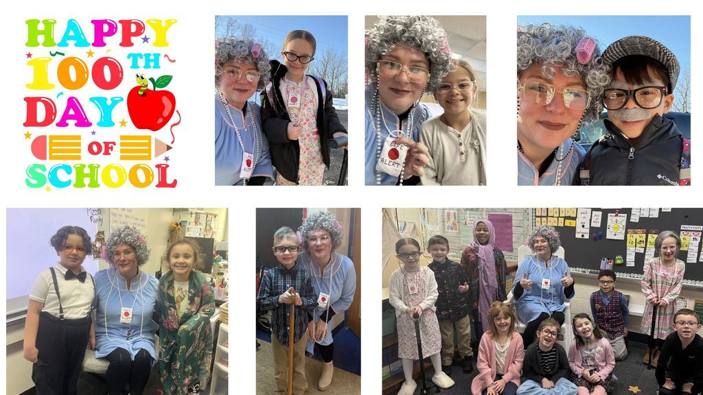 Collage of people in costumes celebrating a milestone, text overlay reads "HAPPY 100TH DAY OF SCHOOL".