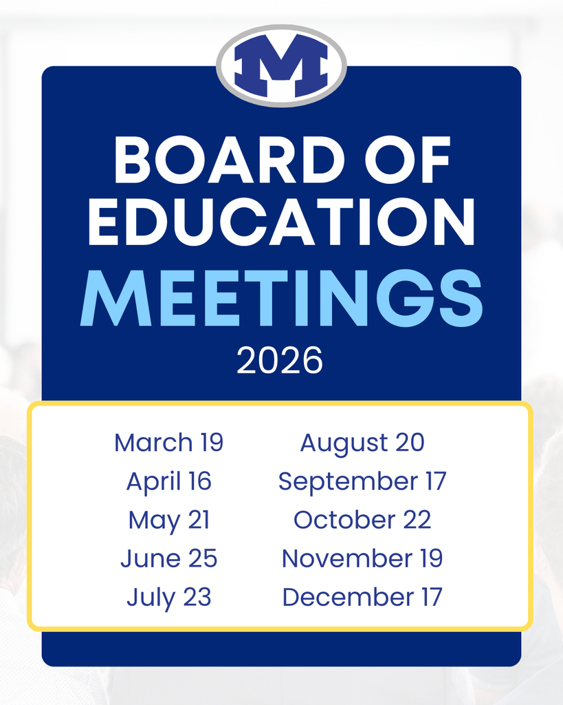 Blue poster with white text listing dates for the 2026 Board of Education Meetings, including March 19, April 16, and May 21.