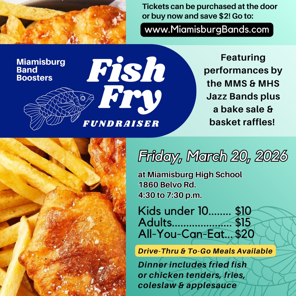 Poster with food, prices, and event details. The date is March 20, 2026. Dinner includes fried fish, chicken tenders, fries, coleslaw, and applesauce.