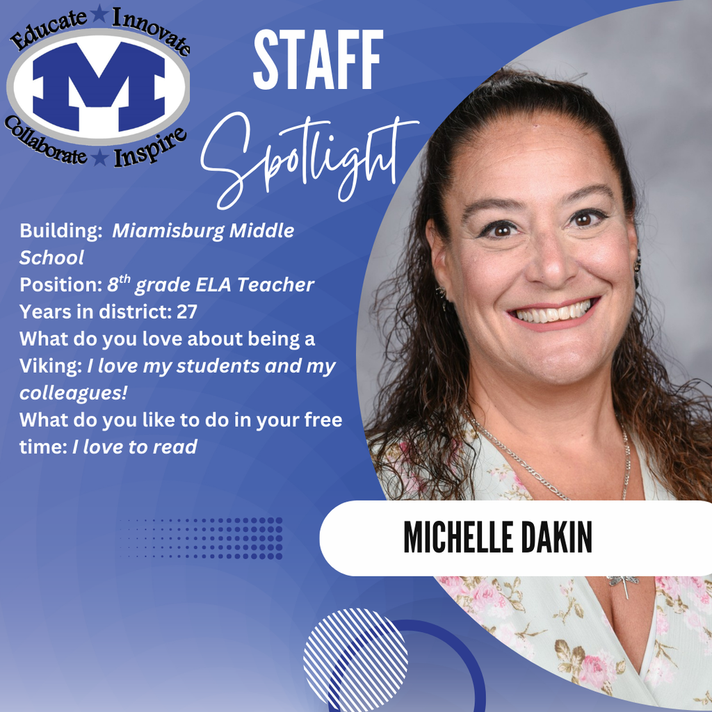 A smiling woman with curly hair and a floral shirt is featured in a staff spotlight. Text details her role as an 8th-grade ELA teacher.