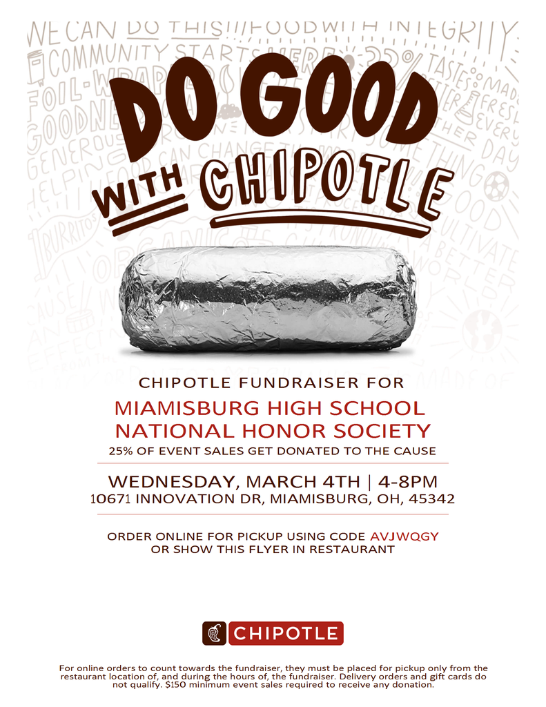 An advertisement features "Do Good with Chipotle" with a burrito in the center. It promotes a fundraiser for Miamisburg High School National Honor Society on March 4th.