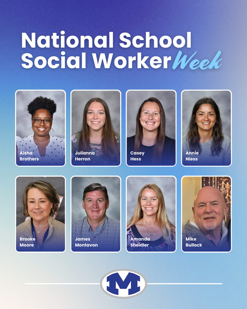 An image shows eight people with "National School Social Worker Week" text. Each has a name below. Blue background.