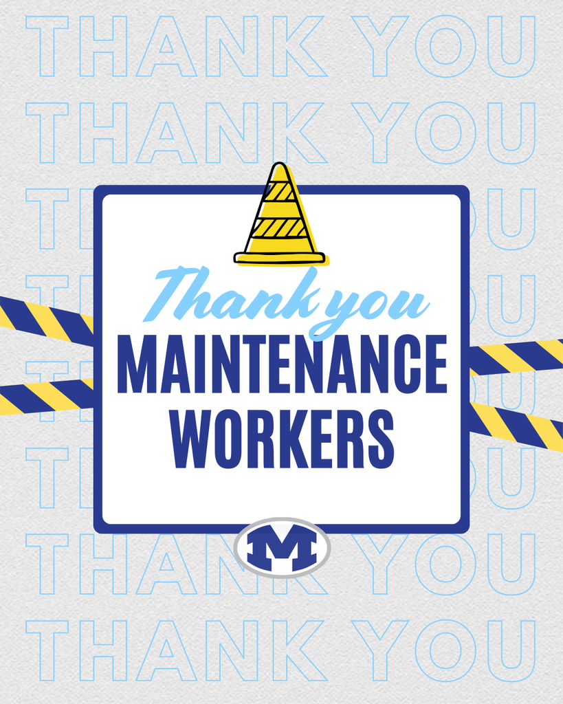 White sign with a yellow cone icon says, "Thank you MAINTENANCE WORKERS." The words "Thank You" repeat in blue at the edges.
