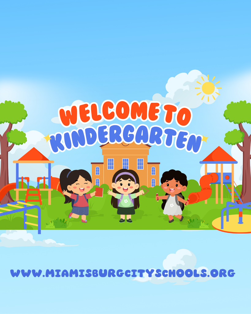 Bright cartoon of three children in front of a kindergarten building. Trees, playground equipment, and a blue sky are visible.