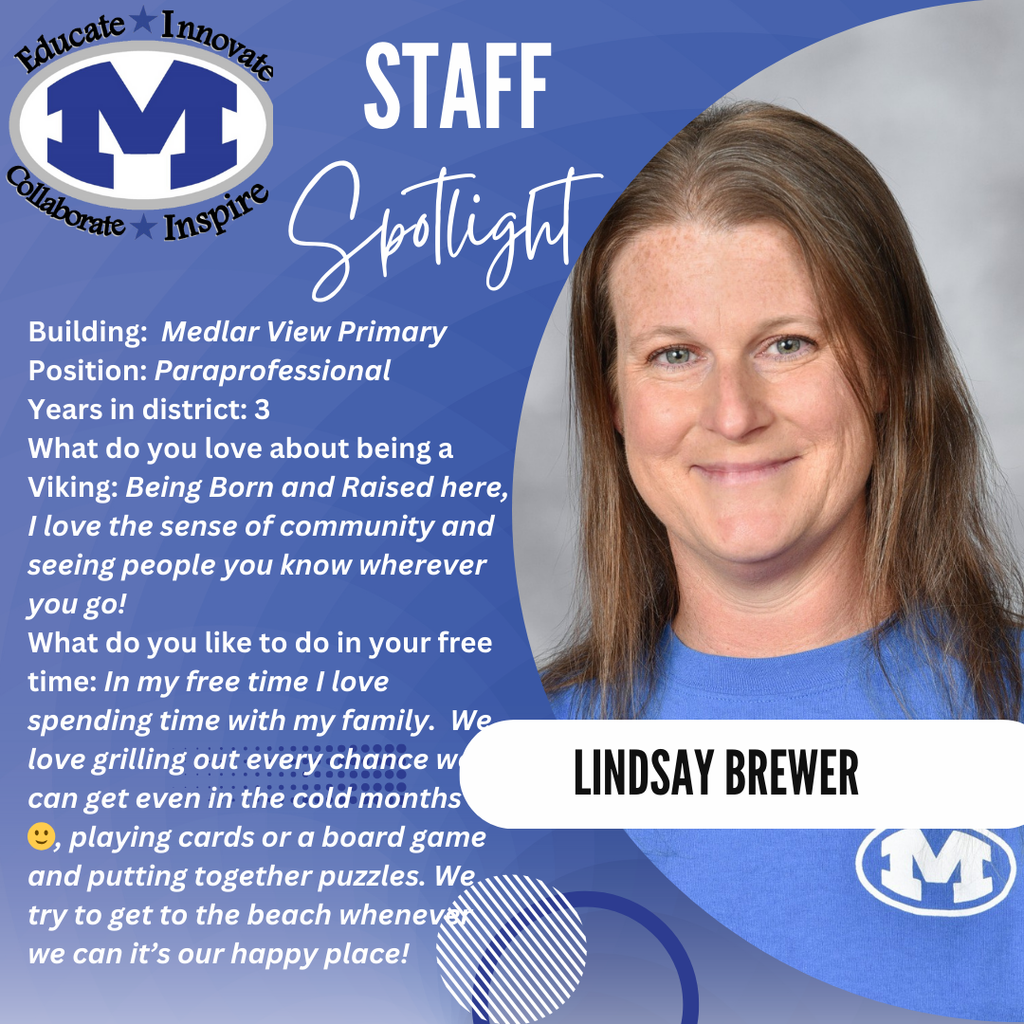A poster with a woman's photo. She smiles, wearing a blue shirt. Text reads "STAFF SPOTLIGHT, LINDSAY BREWER". Background is blue with white and black text.