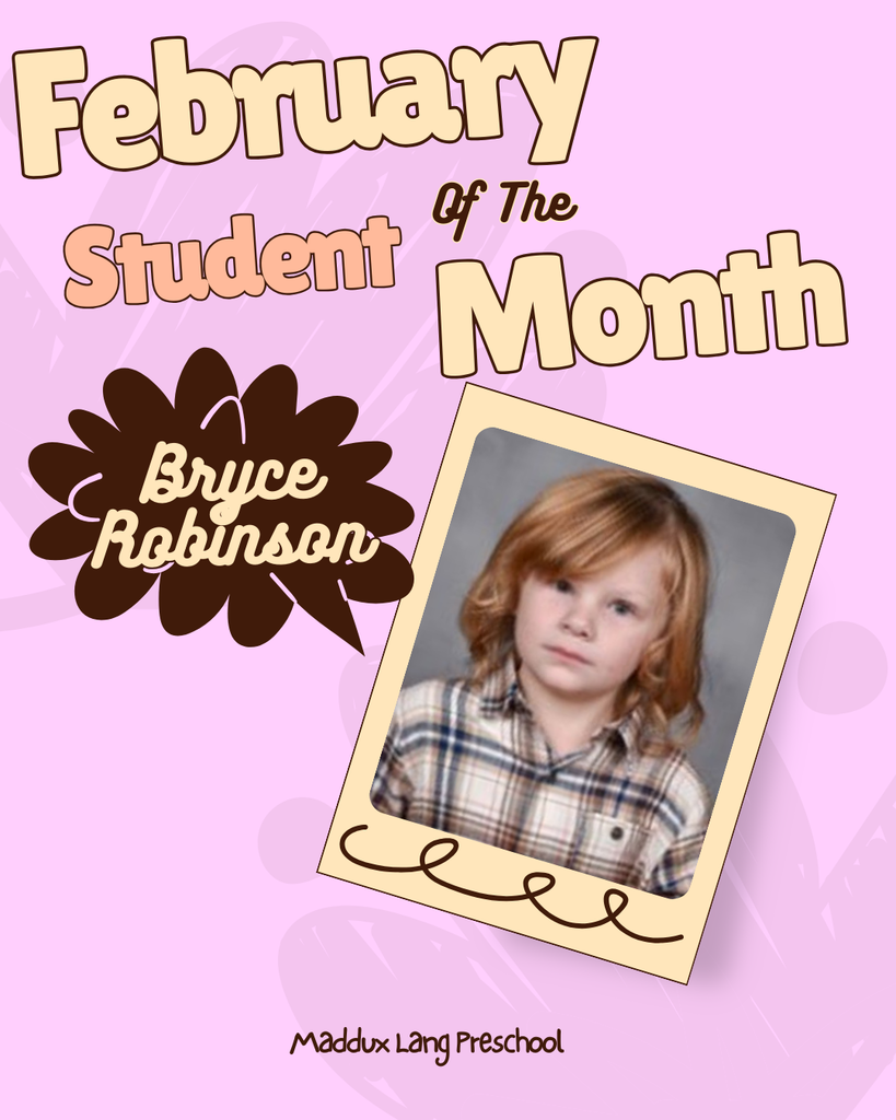 A pink background displays "February Student of the Month" with a photo of a young child in a checkered shirt.