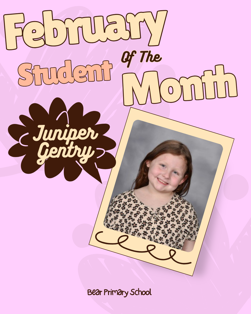 A pink background with "February Student of the Month" text. A photo of a girl smiling with a chocolate chip design.