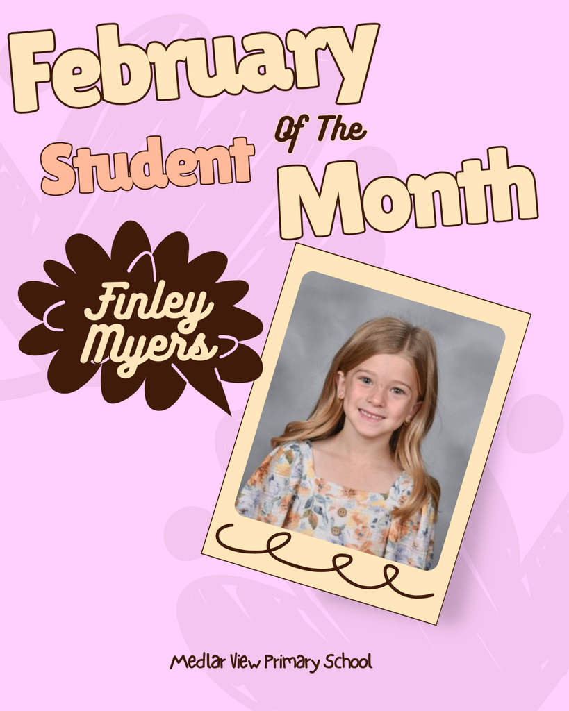 A pink background displays "February Student of the Month" with a photo of a smiling girl. A chocolate-colored swirl is in the corner.
