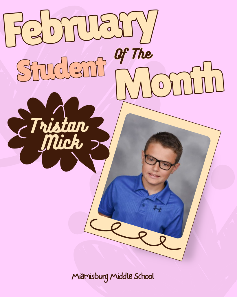 A pink background displays a photo of a smiling boy in a blue polo shirt. Text reads "February Student of the Month".