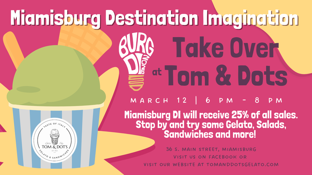 Poster advertising the Burg at Tom & Dots event on March 12. It features a green ice cream cone with blue and white stripes.