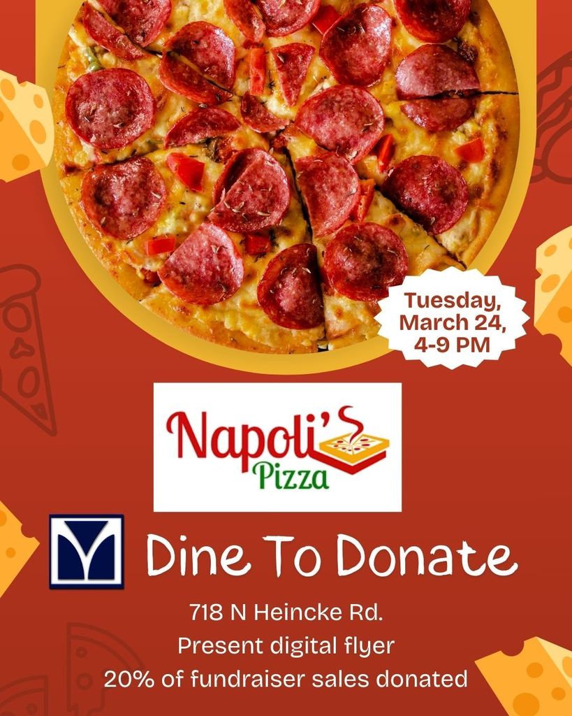A flyer with a pizza slice on a red background. Text reads: "Napoli's Pizza Dine To Donate" and details about the fundraiser.