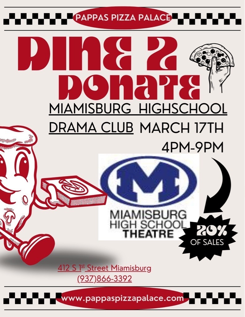 An advertisement poster for the Pine 2 Donate event, featuring a pizza logo, a cartoon character, and a hand holding a pizza.