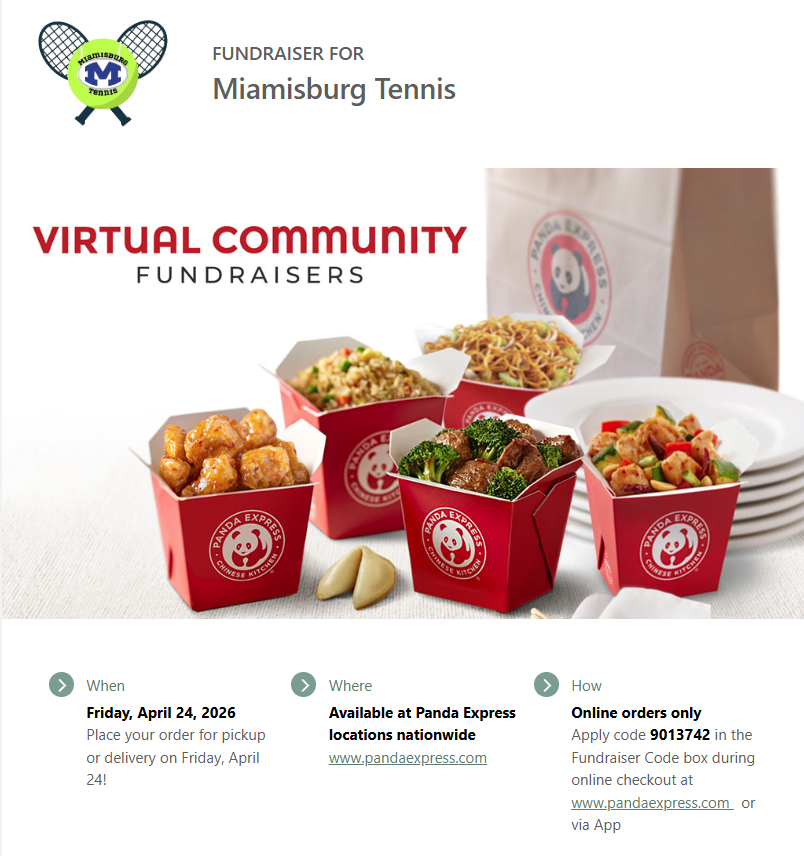A website advertisement for Miamisburg Tennis Virtual Community Fundraisers. It includes red boxes of food with a brown paper bag in the background.
