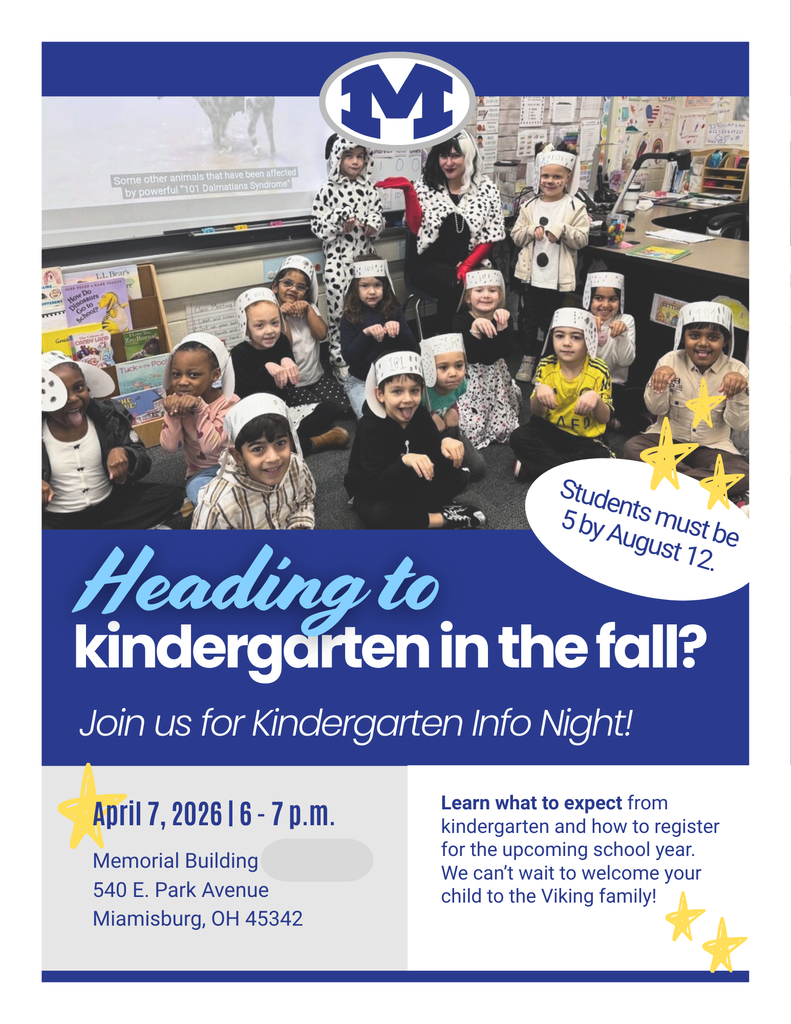 Advertisement for Kindergarten Info Night. Children in winter hats. Date and time: April 7, 2026, 6-7 p.m. Location: Memorial Building, 540 E. Park Avenue, Miamisburg, OH.