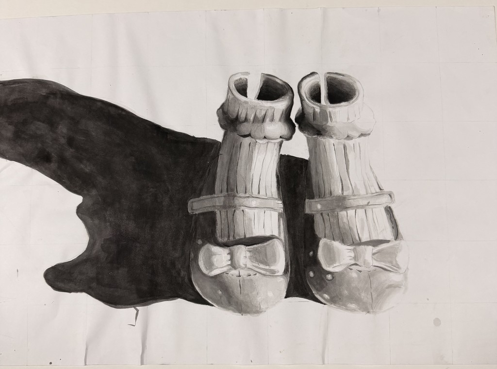 A monochromatic drawing shows a pair of white shoes with bow details on a dark background.