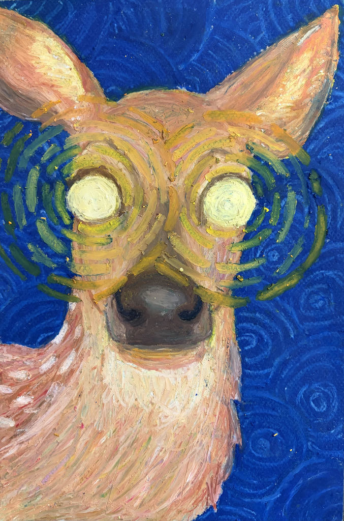 A deer face with yellow eyes and circular patterns around it. The background is blue with swirling patterns.