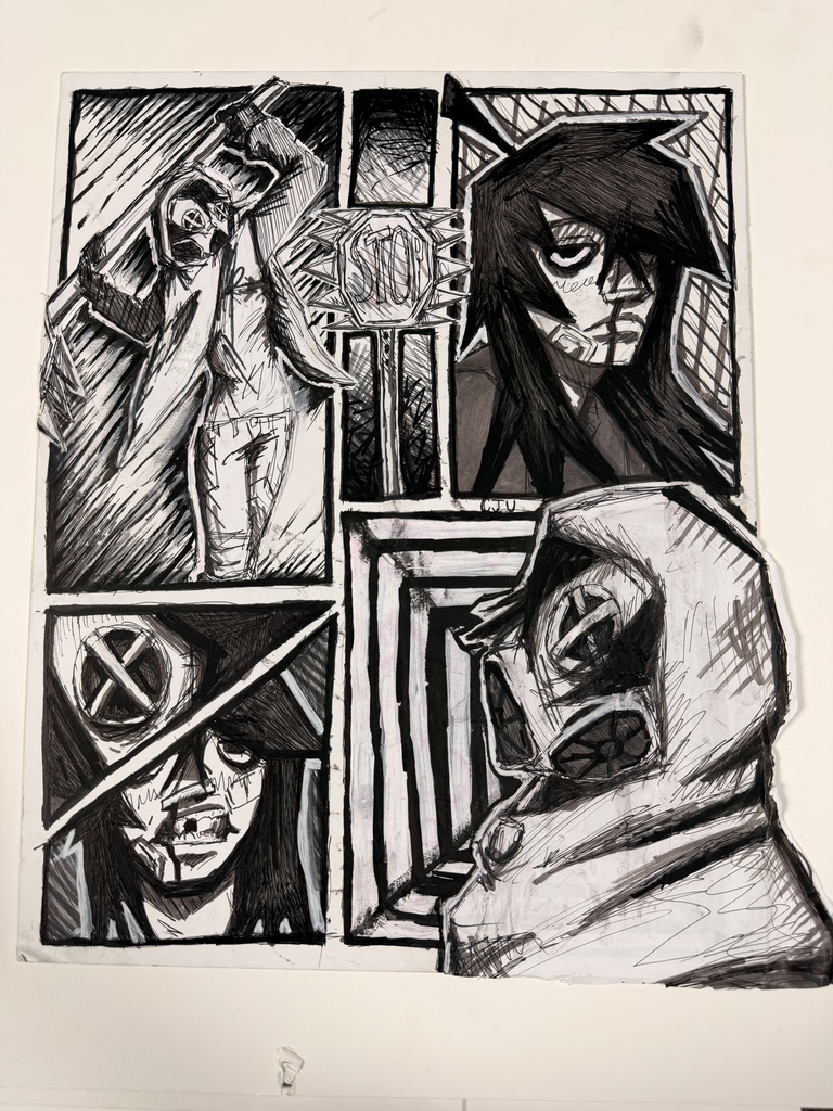 A black-and-white comic panel shows three characters. The top panel has a woman holding a gun. The middle panel shows a person with a cross mark on their face. The bottom panel shows a person wearing a mask.
