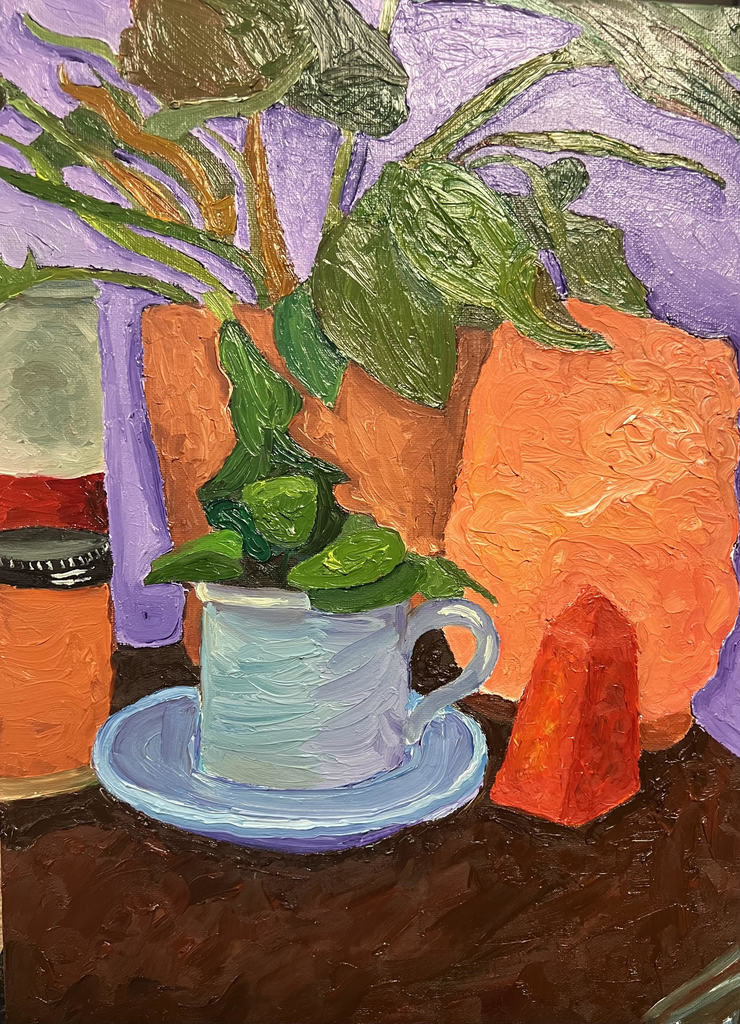 A painting shows a plant in a white cup on a saucer, a jar, and an orange pot on a brown table.
