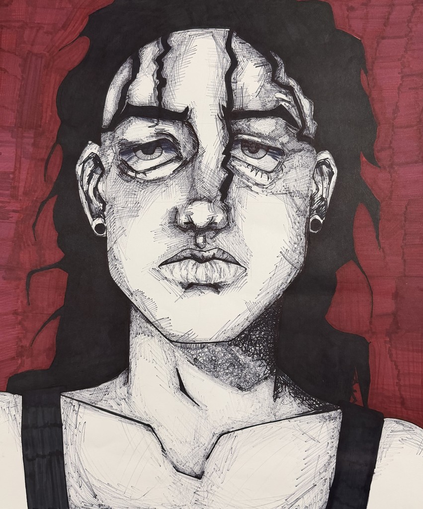 An expressive drawing of a person's face against a red background. The face is white with detailed features like a tear running down the cheek.